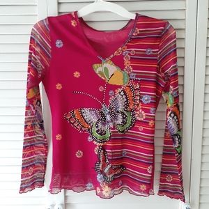 Women/Junior Fuchsia Pink Y2K Long Sleeve Sheer Top Size S/M